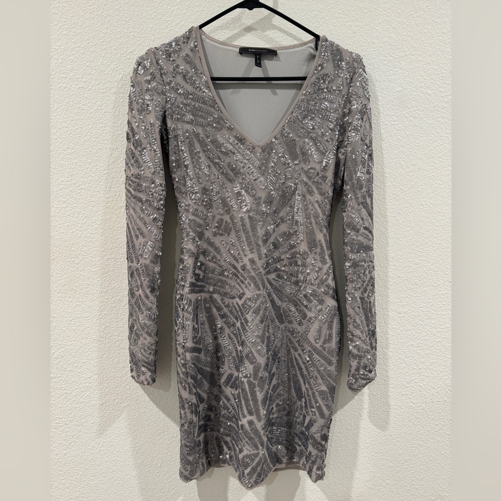 BCBGMaxAzria Silver Sequins Grey Art Deco Bodycon Long Sleeves Dress Size XXS